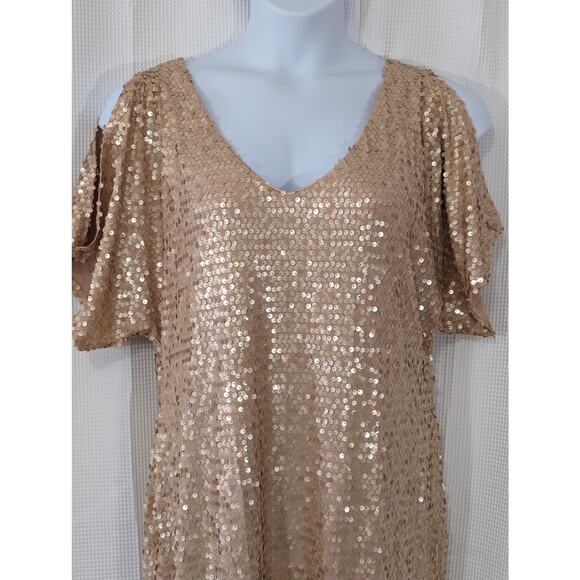 AS U WISH! SHIMMERY BEIGE/TAN STRETCH KNIT SEQUINNED PEEP SHOULDER DRESS! SZ XXL - Picture 3 of 10